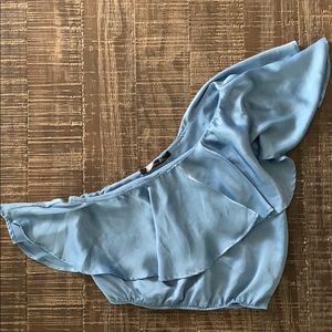 Off the Shoulder Silk Dusty Blue Crop Blouse